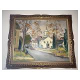 OIL ON CANVAS WOOD FRAME, STREET CHURCH SCENE