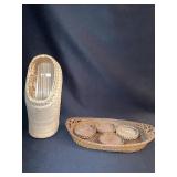 OVAL WOVEN TRAY AND 4 COASTERS WOOD BASE,11" X 4