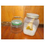 GREEN JAR W/ LID AND WOOD HANDLE, FLOUR JAR