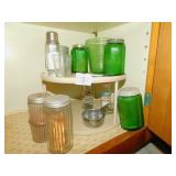 GREEN RIBBED VINTAGE JARS AND SHAKERS, MEASURING