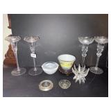 ART GLASS SWIRL, 4 CANDLE STICKS, UNMARKED BOWL,