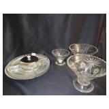 CHROME BASE LAZY SUSAN W/ LID, 3 PEDESTAL BOWLS/