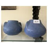 2 BLUE POTTERY URNS, 5"HX6"W
