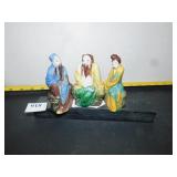 PORCELAIN ORIENTAL FIGURES ON WOODEN BEAM
