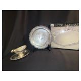 10" SILVER PLATE ROUND SERVING TRAY, GRAVY BOAT