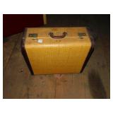TAN SUITCASE, RATTAN LOOK, WORKING LATCHES,