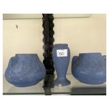 3 BLUE POTTERY URNS, 2 ARE 5"HX6"W AND 1 6X3 WITH