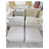 4 WICKER ARMLESS CHAIRS WITH BEIGE SEAT CUSHIONS,