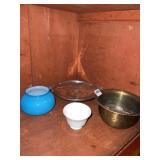 BRASS ETCHED BOWL, TEACUP, BLUE DISH W/ CHIP