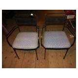 2 CAST IRON PATIO CHAIRS WITH ARMS, STRIPED PADS