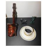2 CARVED STONE FIGURES, CARVED WOOD FACE,
