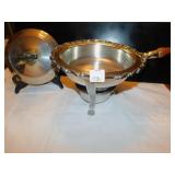SILVERPLATE CHAFFER W/ WOODEN HANDLE PAW FEET,