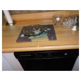 3 CUTTING BOARDS, GLASS BOWL, 4 GLASS ETCHED