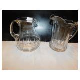 2 WATER PITCHERS 1 ETCHED, APPLIED HANDLES