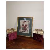 NEEDLE POINT SANTA AND 2 VELET GIFT BOXES