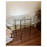 33" ROUND GLASS W/ FOLDING WOOD STAND 22" H