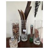 3 TALL GLASS 12" VASES WITH SHELLS, POTS AND