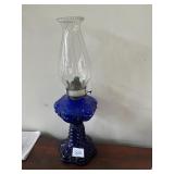 TALL BLUE GLASS LANTERN WITH GLOBE 15"