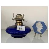 BLUE GLASS LANTERN BASE, NO GLOBE, AND LINCOLN