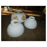 3 GLASS SHADES, 2 WHITE ONE WITH HAIRLINE CRACK,