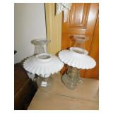 2 GLASS AND MILK GLASS OIL LANTERNS SHADES, 14",