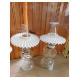 2 GLASS AND MILK GLASS OIL LANTERNS SHADES, 18"