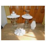 2 GLASS AND MILK GLASS OIL LANTERNS SHADES, 14",