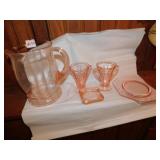PINK DEPRESSION GLASS PITCHER, ASHTRAY, PLATE AND