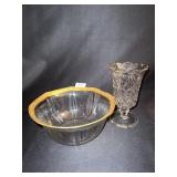 GOLD EDGE ROCK CRYSTAL BOWL 4" X 9", MOLDED GLASS