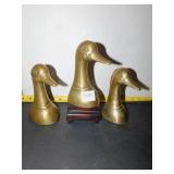 3 BRASS DUCK HEADS, ONE WITH STAND, 7"