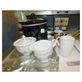 CROCK POT, CREAMER, SUGAR, COFFEE MUGS