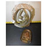 STONE CARVED SMILEY FACE STATUE, COPPER PAINTED