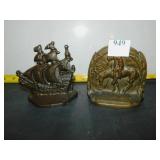 2 BRASS BOOK ENDS, NON-MATCHING, ONE SAILBOAT,