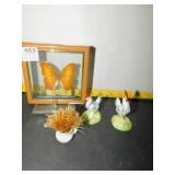FRAMED BUTTERFLY, MINIATURE ROOSTERS STAFFSHIER