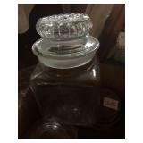 5 GLASS CANISTERS WITH LIDS, 2 TALL, 3 SHORT