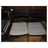 2 CAST IRON PATIO CHAIRS, STRIPED PADS