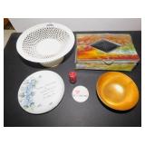 STAINED GLASS BOX, BROKEN HINGE, CHINA PEDESTAL