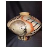 13" H X 16" W - GLAZED POTTERY VASE - 4 FACES