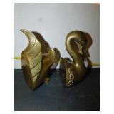 LARGE BRASS SWAN BOOK ENDS, 9"