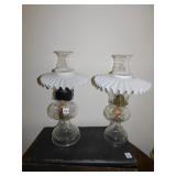 2 GLASS AND MILK GLASS OIL LANTERNS WITH SHADES,