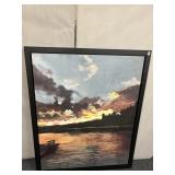 SUNSET LAKESIDE WITH BENCH ON CANVAS, 49HX40W,