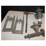 HEAVY IRON WALL SCONCES AND METAL CHURCH RELIEF