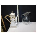 SYRUP CONTAINER PEWTER LID, PORCELAIN TEA POT