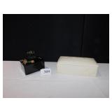 TWO COVERED TRINKET BOXES, BLACK W/ ELEPHANT
