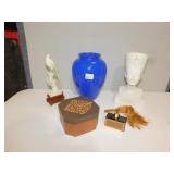 10" BLUE VASE, EGYPTIAN HEAD, ATOMIZER, BIRD