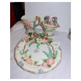 FITZ & FLOYD SUGAR, CREAMER AND 9.5" PLATE, GOLD