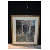 PRINT FENCE WITH FLOWERS SIGNED LR- 39" HX 34" W