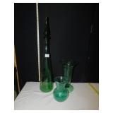 25" TALL GREEN GLASS DECANTEUR, FLUTED EDGE VASE