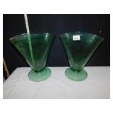 2 TALL OVAL, GREEN GLASS VASES, 11"H, PEDESTAL