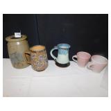 6.5" H GRAY CROCK BLUE DECORATION, 3 MUGS SIGNED